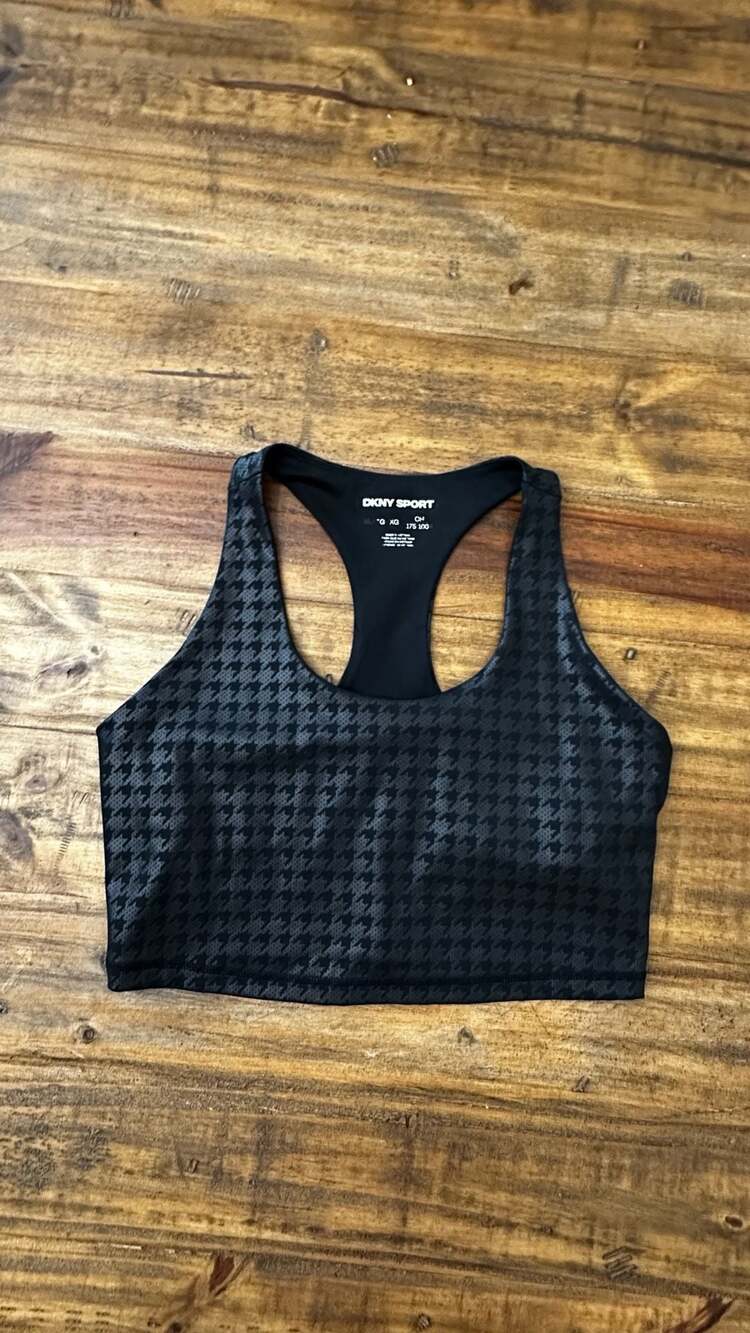 DKNY Sport Racerback Sports Bra Black Houndstooth Print